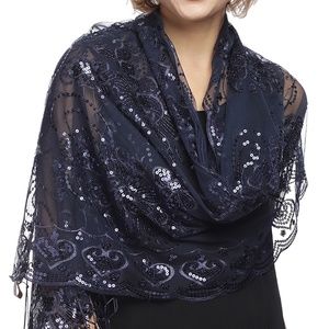 NAVY- Mesh Sequin Metallic Shawl Scarf with Fringe